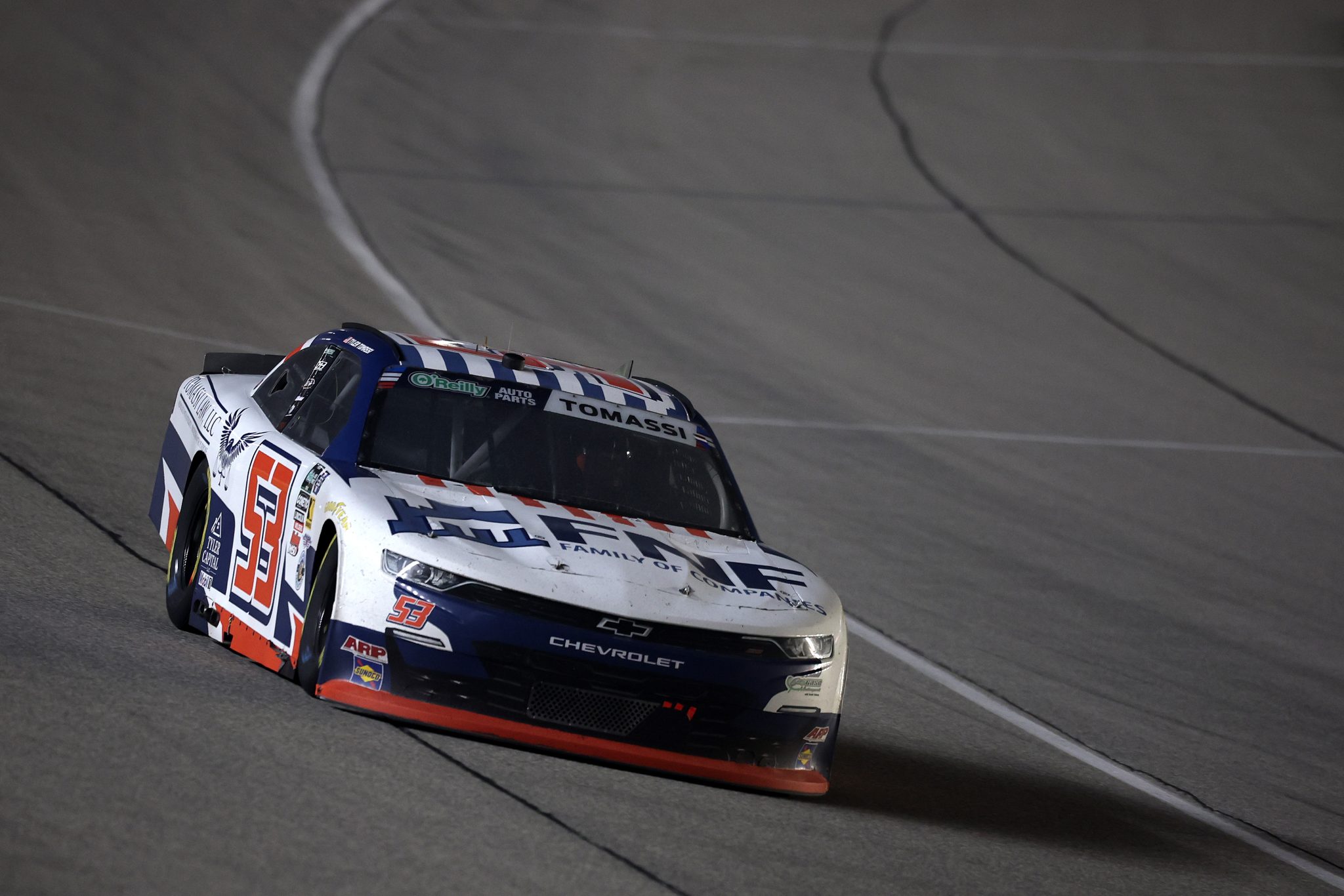 JOLIET, ILLINOIS - JULY 04: Tyler Tomassi, driver of the #53 F&F Chevrolet, drives during the NASCAR O'Reilly Auto Parts Series Cuervo 300 at Chicagoland Speedway on July 04, 2026 in Joliet, Illinois. (Photo by James Gilbert/Getty Images) | Getty Images
