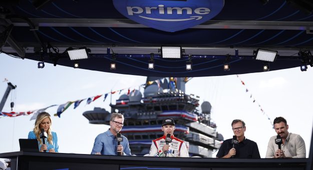 SAN DIEGO, CALIFORNIA - JUNE 21: Corey Heim, driver of the #67 Mobil 1/O'Reilly Auto Parts Toyota, (C) speaks to NASCAR on Prime analysts Dale Earnhardt Jr. (L) and Steve Letarte on the set of NASCAR on Prime Video after winning the NASCAR Cup Series Anduril 250 at Naval Base Coronado on June 21, 2026 in San Diego, California. (Photo by Sean Gardner/Getty Images) | Getty Images