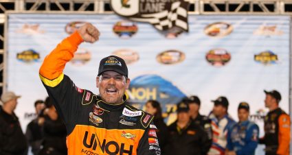 DAYTONA BEACH, FL - FEBRUARY 19:  Steve Park, driver of the #20 UNOH Ford, celebrates in victory lane after winning the Whelen Modified Series UNOH Battle At The Beach at Daytona International Speedway on February 19, 2013 in Daytona Beach, Florida.  (Photo by Todd Warshaw/NASCAR via Getty Images)