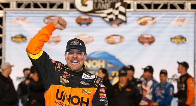 DAYTONA BEACH, FL - FEBRUARY 19:  Steve Park, driver of the #20 UNOH Ford, celebrates in victory lane after winning the Whelen Modified Series UNOH Battle At The Beach at Daytona International Speedway on February 19, 2013 in Daytona Beach, Florida.  (Photo by Todd Warshaw/NASCAR via Getty Images)