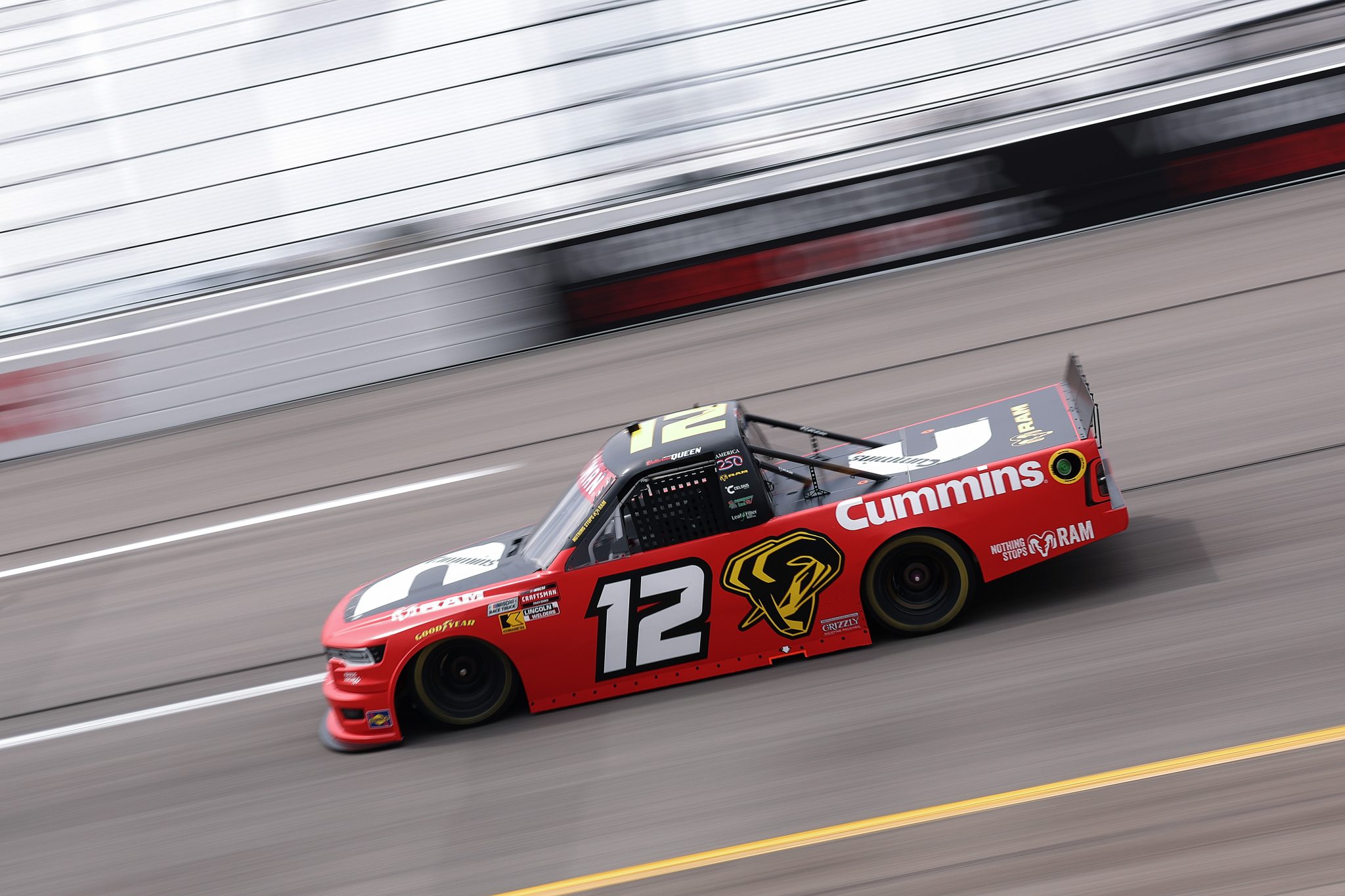 RICHMOND, VIRGINIA - AUGUST 14: Brenden Queen, driver of the #12 Cummins RAM, drives during practice for the NASCAR Craftsman Truck Series Black's Tire 250 presented by BTS Rewards at Richmond Raceway on August 14, 2026 in Richmond, Virginia. (Photo by David Jensen/Getty Images) | Getty Images