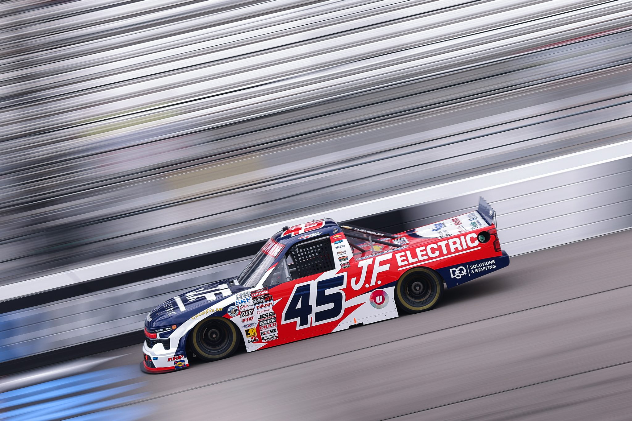 RICHMOND, VIRGINIA - AUGUST 14: Landen Lewis, driver of the #45 J.F. Electric/Utilitra Chevrolet, drives during practice for the NASCAR Craftsman Truck Series Black's Tire 250 presented by BTS Rewards at Richmond Raceway on August 14, 2026 in Richmond, Virginia. (Photo by David Jensen/Getty Images) | Getty Images