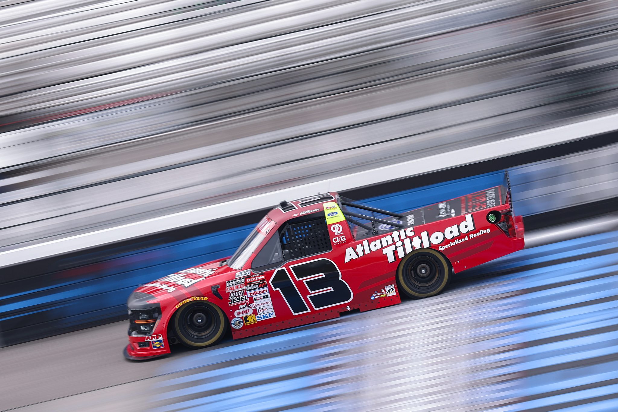 RICHMOND, VIRGINIA - AUGUST 14: Cole Butcher, driver of the #13 Atlantic Tilt Load Ford, drives during practice for the NASCAR Craftsman Truck Series Black's Tire 250 presented by BTS Rewards at Richmond Raceway on August 14, 2026 in Richmond, Virginia. (Photo by David Jensen/Getty Images) | Getty Images