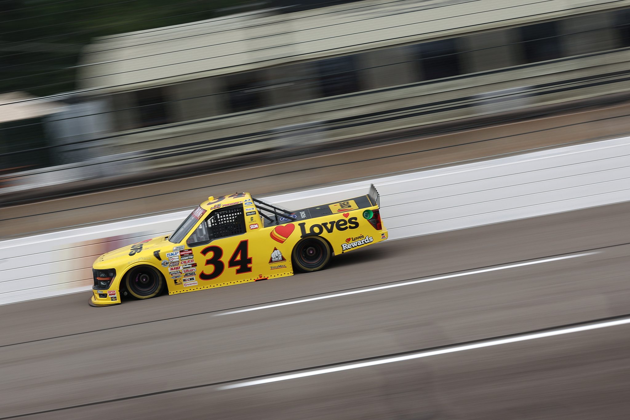 RICHMOND, VIRGINIA - AUGUST 14: Layne Riggs, driver of the #34 Love's Travel Stops Ford, drives during practice for the NASCAR Craftsman Truck Series Black's Tire 250 presented by BTS Rewards at Richmond Raceway on August 14, 2026 in Richmond, Virginia. (Photo by David Jensen/Getty Images) | Getty Images