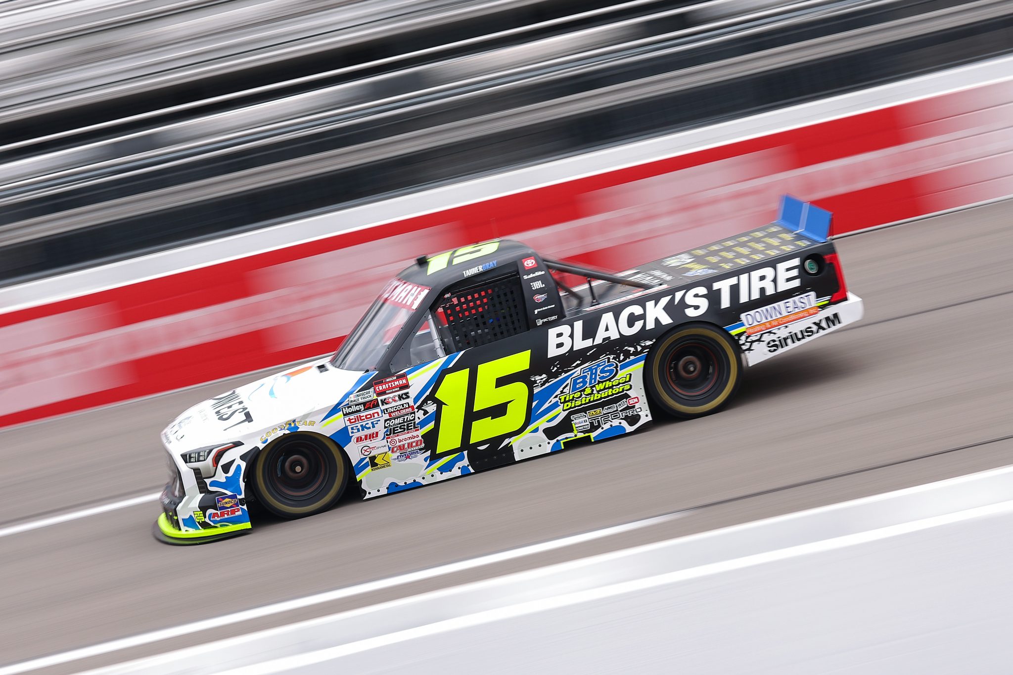 RICHMOND, VIRGINIA - AUGUST 14: Tanner Gray, driver of the #15 Black's Tire/Down East Heating & Air Toyota, drives during practice for the NASCAR Craftsman Truck Series Black's Tire 250 presented by BTS Rewards at Richmond Raceway on August 14, 2026 in Richmond, Virginia. (Photo by David Jensen/Getty Images) | Getty Images
