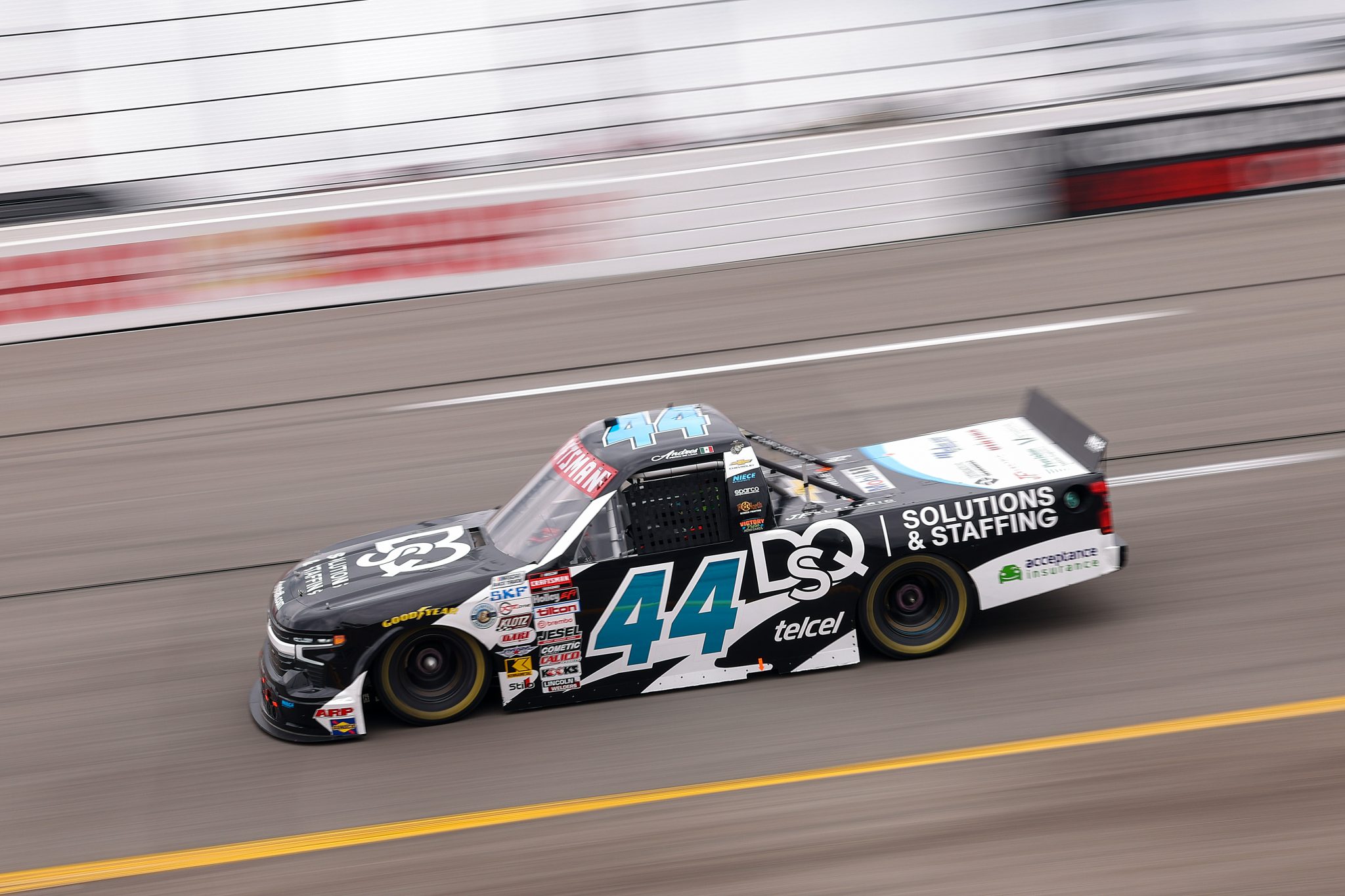 RICHMOND, VIRGINIA - AUGUST 15: Andres Perez De Lara, driver of the #44 DQS Solutions & Staffing Chevrolet, drives during the NASCAR Craftsman Truck Series Black's Tire 250 presented by BTS Rewards at Richmond Raceway on August 15, 2026 in Richmond, Virginia. (Photo by David Jensen/Getty Images) | Getty Images