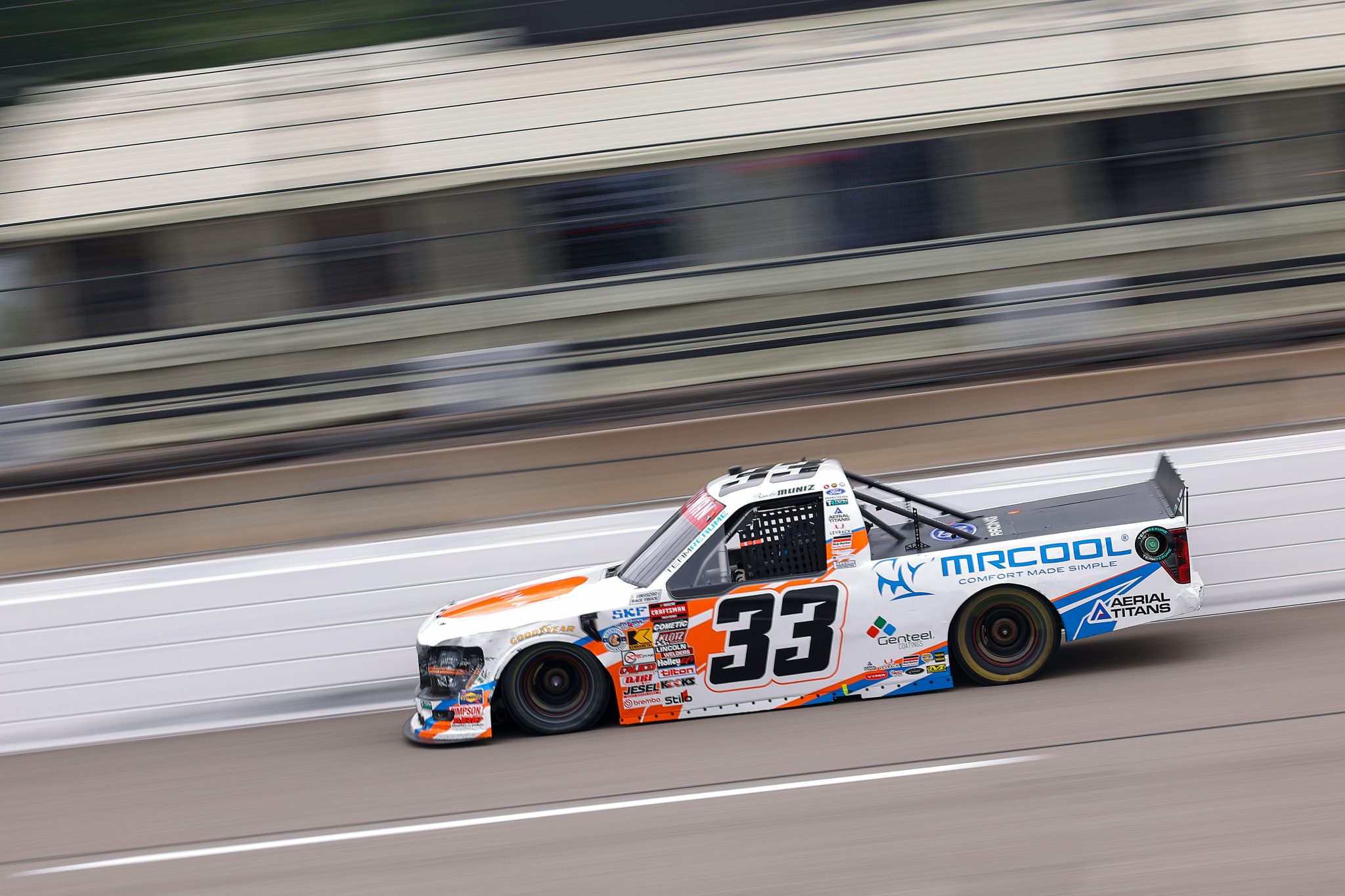 RICHMOND, VIRGINIA - AUGUST 15: Frankie Muniz, driver of the #33 MRCOOL/Prima Flyers Ford, drives during the NASCAR Craftsman Truck Series Black's Tire 250 presented by BTS Rewards at Richmond Raceway on August 15, 2026 in Richmond, Virginia. (Photo by David Jensen/Getty Images) | Getty Images
