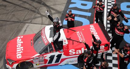 RICHMOND, VIRGINIA - AUGUST 15: Kaden Honeycutt, driver of the #11 Safelite Toyota, and crew celebrate after winning the NASCAR Craftsman Truck Series Black's Tire 250 presented by BTS Rewards at Richmond Raceway on August 15, 2026 in Richmond, Virginia. (Photo by Jonathan Bachman/Getty Images) | Getty Images