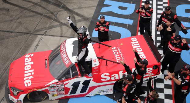 RICHMOND, VIRGINIA - AUGUST 15: Kaden Honeycutt, driver of the #11 Safelite Toyota, and crew celebrate after winning the NASCAR Craftsman Truck Series Black's Tire 250 presented by BTS Rewards at Richmond Raceway on August 15, 2026 in Richmond, Virginia. (Photo by Jonathan Bachman/Getty Images) | Getty Images