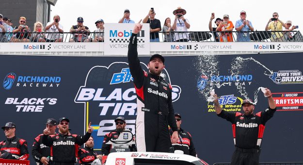 RICHMOND, VIRGINIA - AUGUST 15: Kaden Honeycutt, driver of the #11 Safelite Toyota, celebrates in victory lane after winning the NASCAR Craftsman Truck Series Black's Tire 250 presented by BTS Rewards at Richmond Raceway on August 15, 2026 in Richmond, Virginia. (Photo by David Jensen/Getty Images) | Getty Images