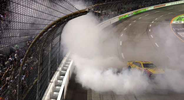 RICHMOND, VIRGINIA - AUGUST 15: Joey Logano, driver of the #22 Shell Pennzoil Ford, celebrates with a burnout after winning the NASCAR Cup Series Cook Out 400 at Richmond Raceway on August 15, 2026 in Richmond, Virginia. (Photo by Jonathan Bachman/Getty Images) | Getty Images