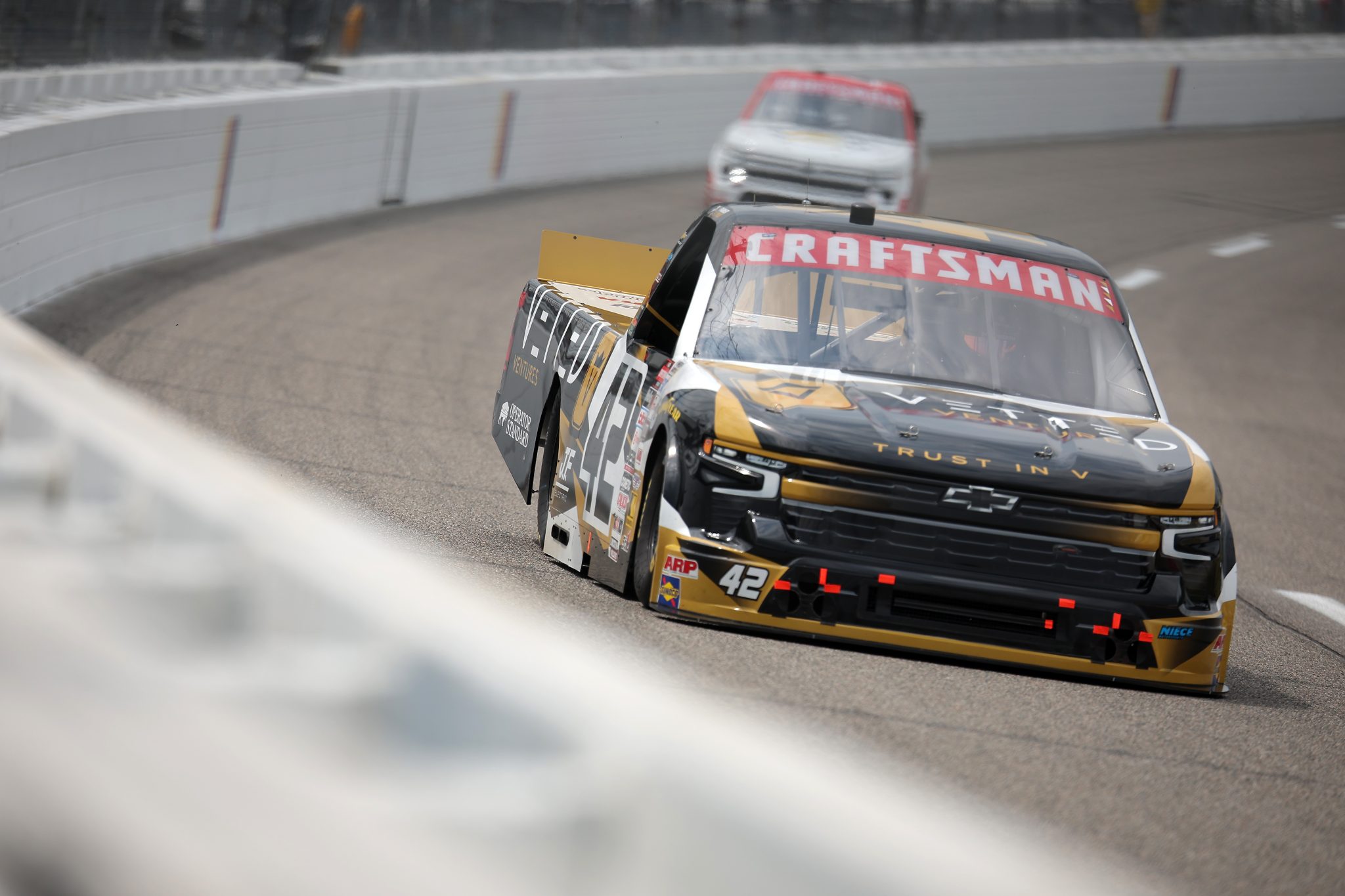 RICHMOND, VIRGINIA - AUGUST 14: Parker Eatmon, driver of the #42 Vetted Ventures Chevrolet, drives during practice for the NASCAR Craftsman Truck Series Black's Tire 250 presented by BTS Rewards at Richmond Raceway on August 14, 2026 in Richmond, Virginia. (Photo by Jonathan Bachman/Getty Images) | Getty Images