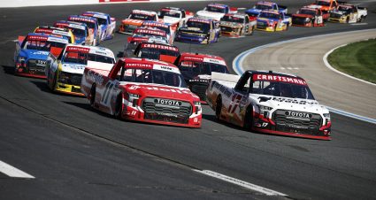 LOUDON, NEW HAMPSHIRE - SEPTEMBER 20: Corey Heim, driver of the #11 Safelite Toyota, and Giovanni Ruggiero, driver of the #17 First Auto Group Toyota, race during the NASCAR Craftsman Truck Series Team EJP 175 at New Hampshire Motor Speedway on September 20, 2025 in Loudon, New Hampshire. (Photo by Sean Gardner/Getty Images) | Getty Images