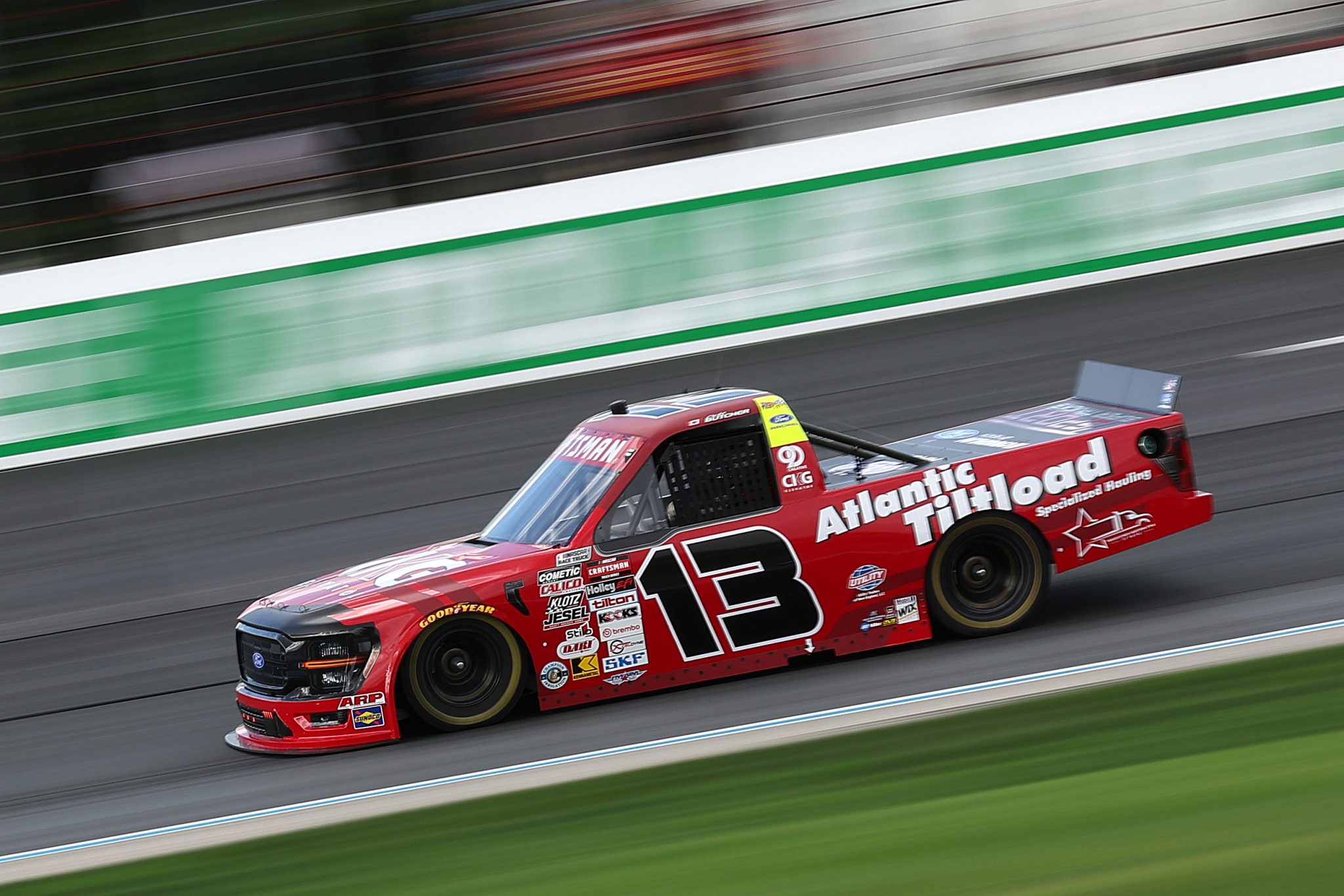 LOUDON, NEW HAMPSHIRE - AUGUST 21: Cole Butcher, driver of the #13 Atlantic Tilt Load Ford, drives during practice for the NASCAR Craftsman Truck Series Team EJP 175 at New Hampshire Motor Speedway on August 21, 2026 in Loudon, New Hampshire. (Photo by Meg Oliphant/Getty Images) | Getty Images
