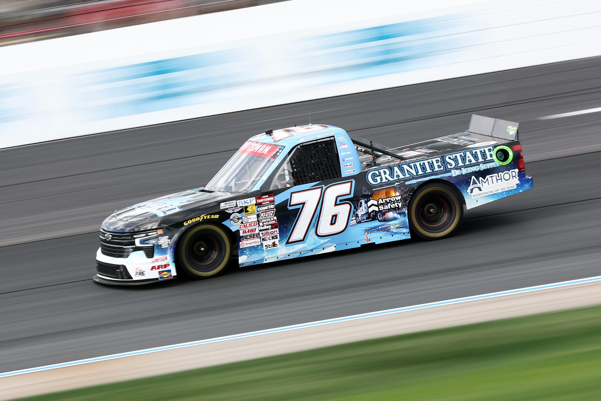 LOUDON, NEW HAMPSHIRE - AUGUST 21: Spencer Boyd, driver of the #76 Granite State De-Icing Supply Chevrolet, drives during practice for the NASCAR Craftsman Truck Series Team EJP 175 at New Hampshire Motor Speedway on August 21, 2026 in Loudon, New Hampshire. (Photo by Meg Oliphant/Getty Images) | Getty Images