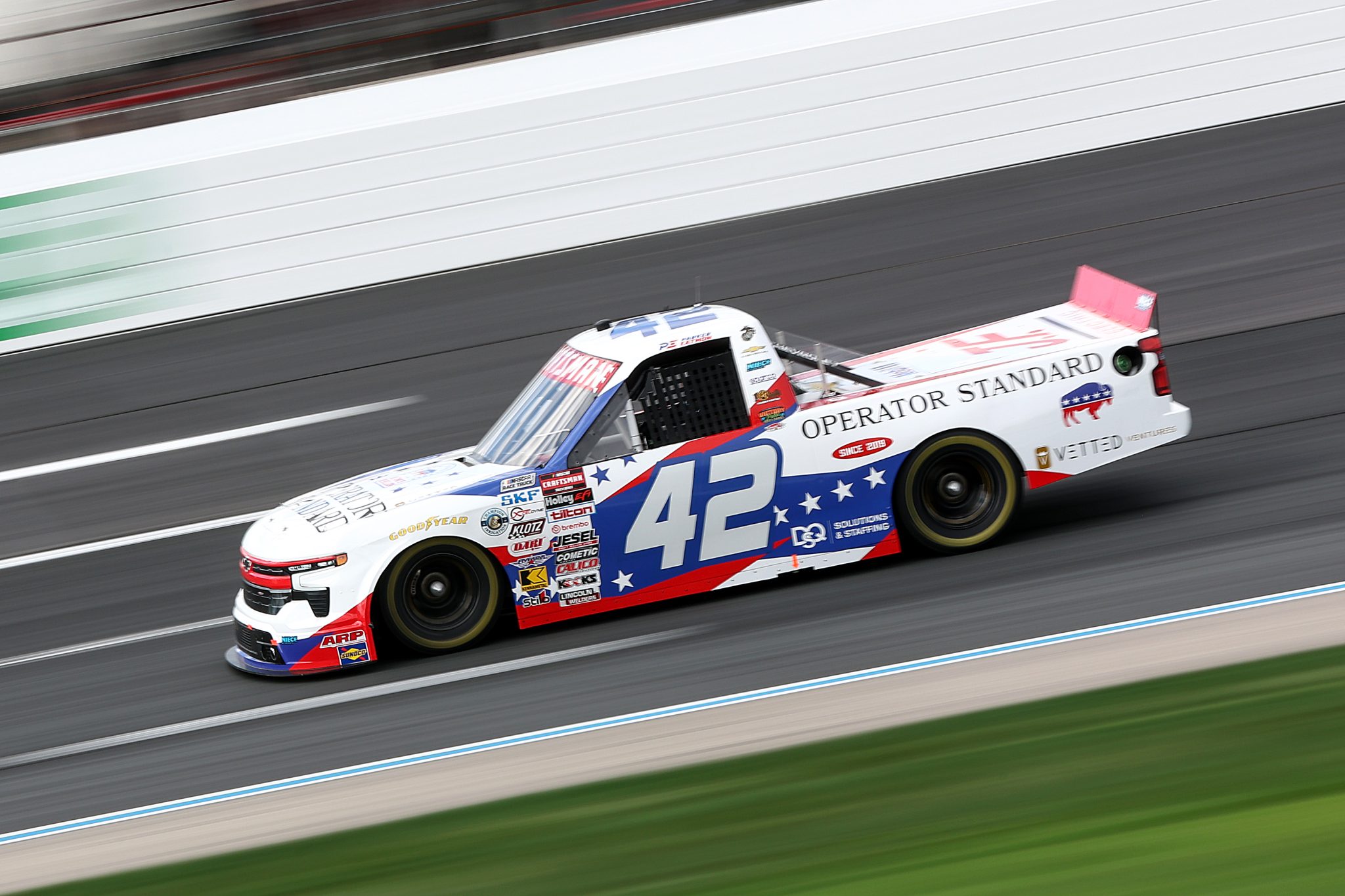 LOUDON, NEW HAMPSHIRE - AUGUST 21: Parker Eatmon, driver of the #42 Operator Standard Chevrolet, drives during practice for the NASCAR Craftsman Truck Series Team EJP 175 at New Hampshire Motor Speedway on August 21, 2026 in Loudon, New Hampshire. (Photo by Meg Oliphant/Getty Images) | Getty Images