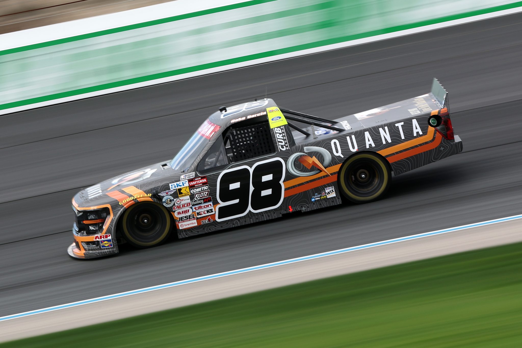 LOUDON, NEW HAMPSHIRE - AUGUST 21: Jake Garcia, driver of the #98 Quanta/Curb Records Ford, drives during practice for the NASCAR Craftsman Truck Series Team EJP 175 at New Hampshire Motor Speedway on August 21, 2026 in Loudon, New Hampshire. (Photo by Meg Oliphant/Getty Images) | Getty Images