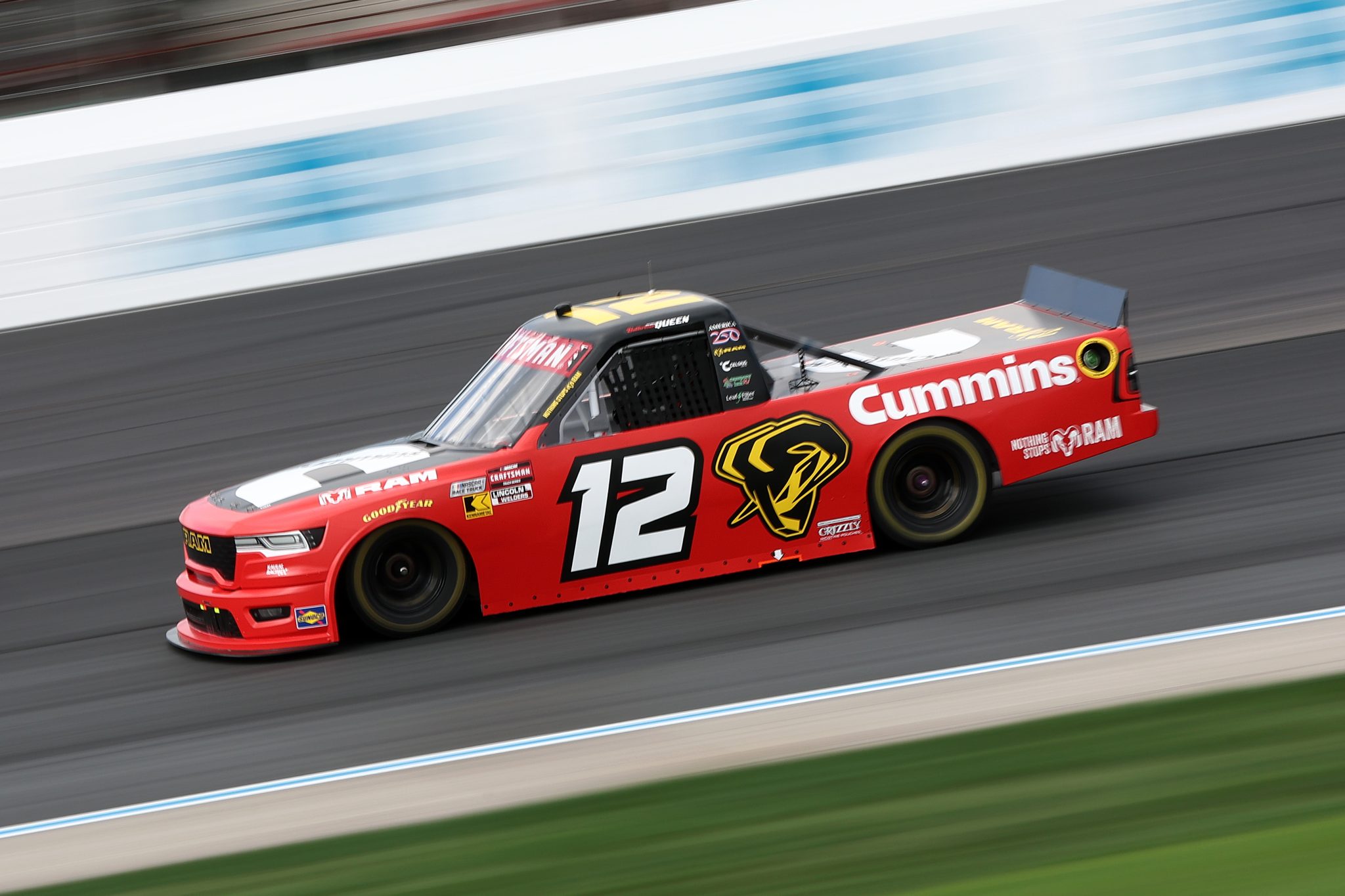 LOUDON, NEW HAMPSHIRE - AUGUST 21: Brenden Queen, driver of the #12 Cummins RAM, drives during practice for the NASCAR Craftsman Truck Series Team EJP 175 at New Hampshire Motor Speedway on August 21, 2026 in Loudon, New Hampshire. (Photo by Meg Oliphant/Getty Images) | Getty Images