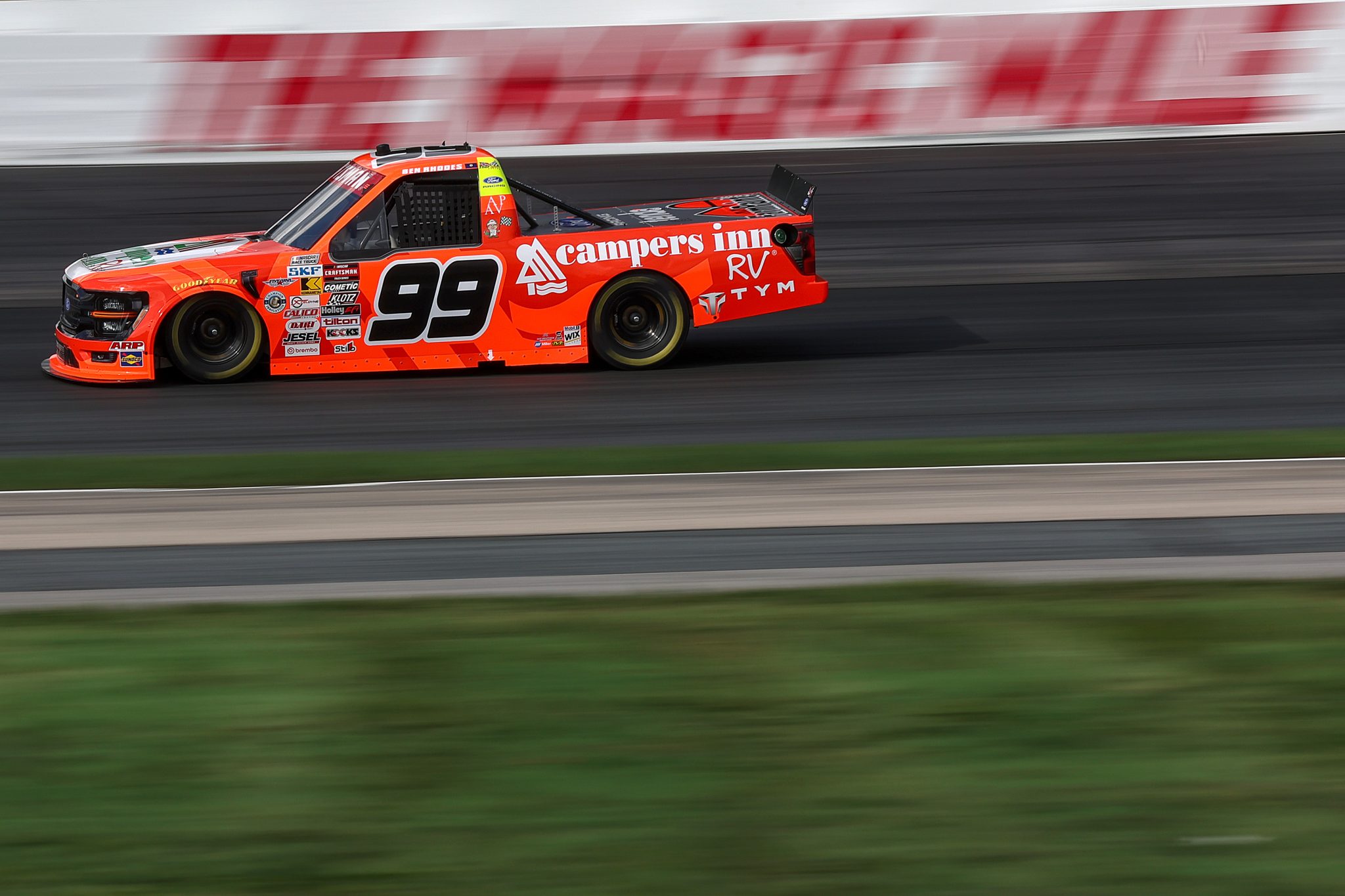 LOUDON, NEW HAMPSHIRE - AUGUST 21: Ben Rhodes, driver of the #99 Campers Inn Ford, drives during practice for the NASCAR Craftsman Truck Series Team EJP 175 at New Hampshire Motor Speedway on August 21, 2026 in Loudon, New Hampshire. (Photo by Meg Oliphant/Getty Images) | Getty Images