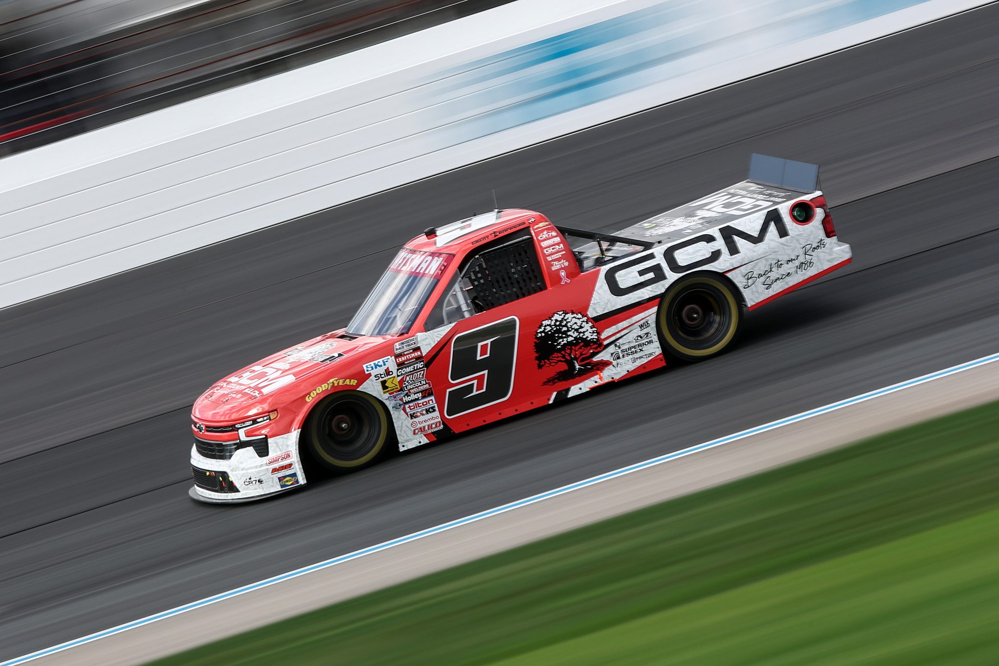 LOUDON, NEW HAMPSHIRE - AUGUST 21: Grant Enfinger, driver of the #9 Grant County Mulch Chevrolet, drives during practice for the NASCAR Craftsman Truck Series Team EJP 175 at New Hampshire Motor Speedway on August 21, 2026 in Loudon, New Hampshire. (Photo by Meg Oliphant/Getty Images) | Getty Images