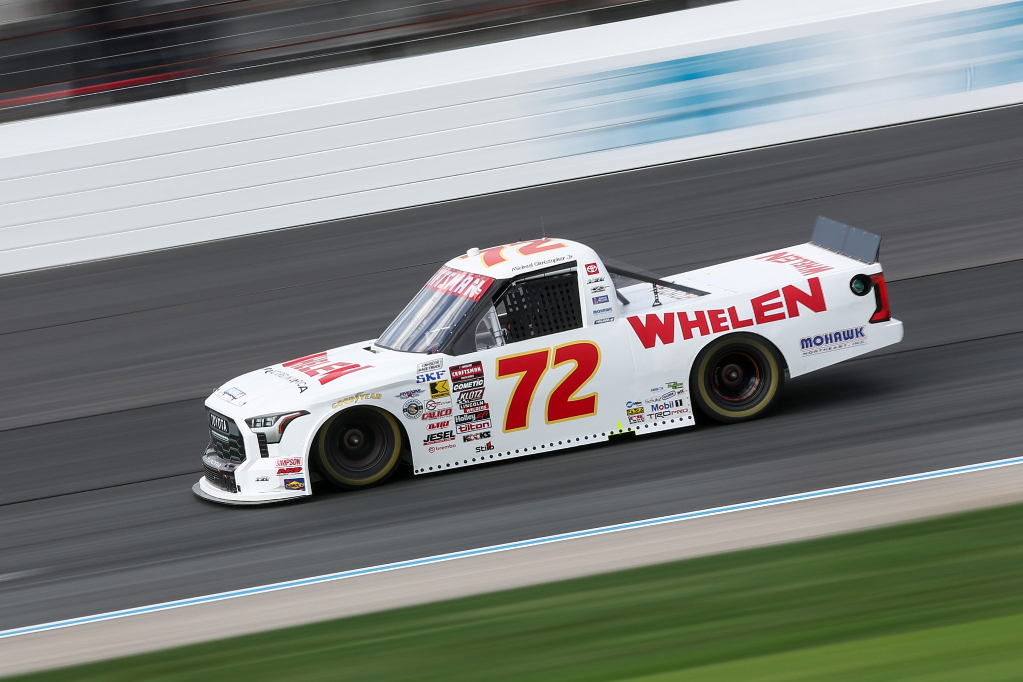 LOUDON, NEW HAMPSHIRE - AUGUST 21: Michael Christopher Jr., driver of the #72 Whelen Engineering Toyota, drives during practice for the NASCAR Craftsman Truck Series Team EJP 175 at New Hampshire Motor Speedway on August 21, 2026 in Loudon, New Hampshire. (Photo by Meg Oliphant/Getty Images) | Getty Images