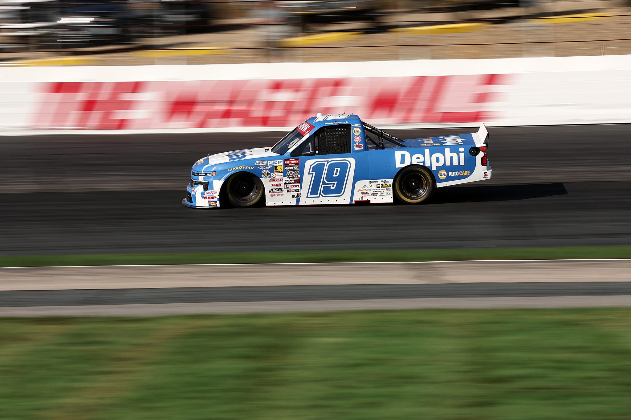 LOUDON, NEW HAMPSHIRE - AUGUST 21: Daniel Hemric, driver of the #19 Delphi Chevrolet, drives during practice for the NASCAR Craftsman Truck Series Team EJP 175 at New Hampshire Motor Speedway on August 21, 2026 in Loudon, New Hampshire. (Photo by Meg Oliphant/Getty Images) | Getty Images
