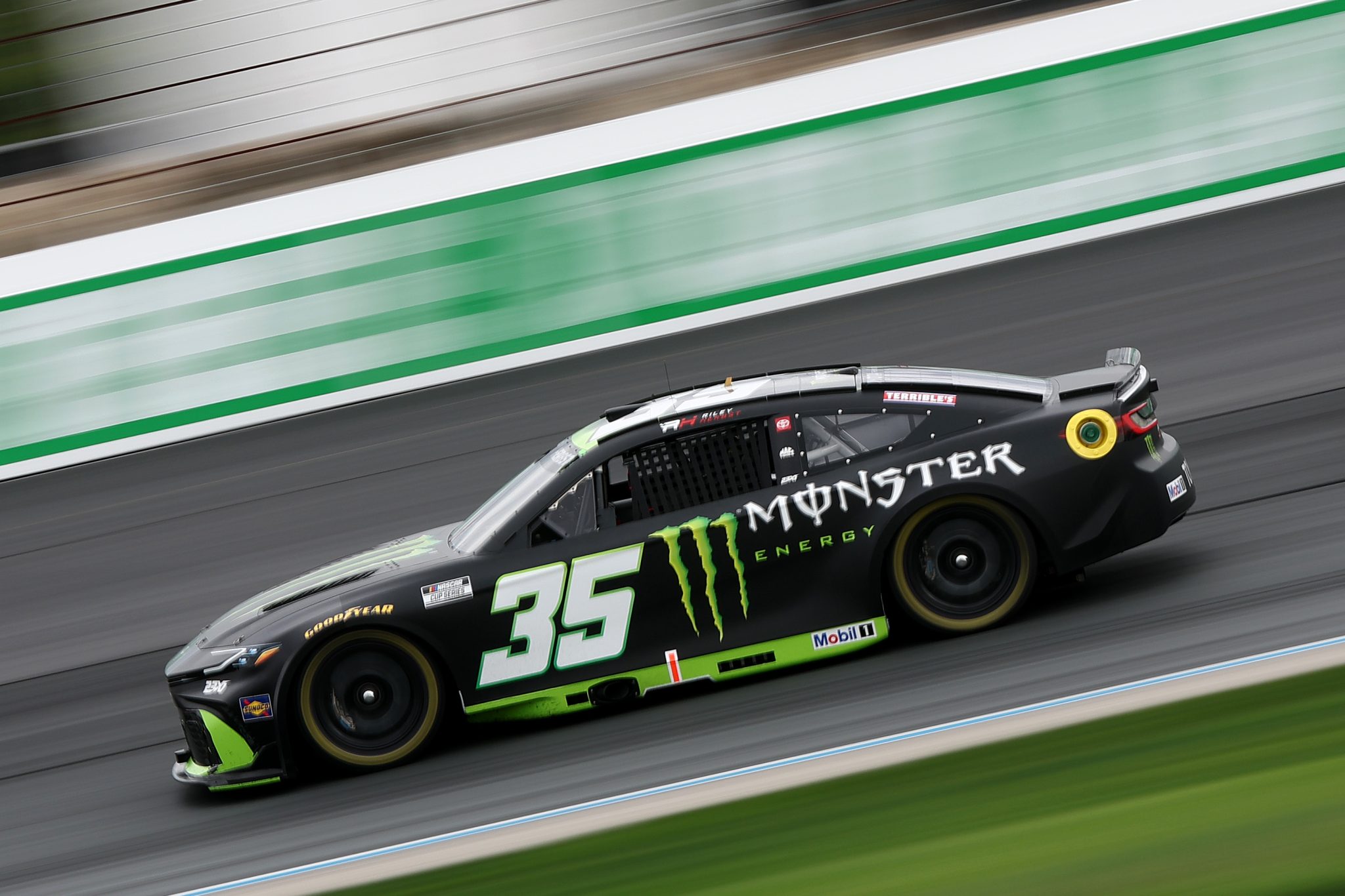 LOUDON, NEW HAMPSHIRE - AUGUST 22: Riley Herbst, driver of the #35 Monster Energy Toyota, drives during practice for the NASCAR Cup Series Dollar Tree 301at New Hampshire Motor Speedway on August 22, 2026 in Loudon, New Hampshire. (Photo by Meg Oliphant/Getty Images) | Getty Images