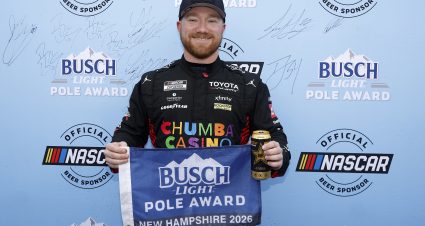 LOUDON, NEW HAMPSHIRE - AUGUST 22: Tyler Reddick, driver of the #45 Chumba Casino Toyota, poses for photos after winning the pole award during qualifying for the NASCAR Cup Series Dollar Tree 301at New Hampshire Motor Speedway on August 22, 2026 in Loudon, New Hampshire. (Photo by Sean Gardner/Getty Images) | Getty Images