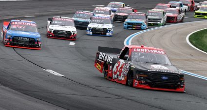 LOUDON, NEW HAMPSHIRE - AUGUST 22: Layne Riggs, driver of the #34 BKB Bare Knuckle Boxing Ford, leads the field during the NASCAR Craftsman Truck Series Team EJP 175 at New Hampshire Motor Speedway on August 22, 2026 in Loudon, New Hampshire. (Photo by Meg Oliphant/Getty Images) | Getty Images