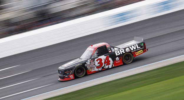 LOUDON, NEW HAMPSHIRE - AUGUST 22: Layne Riggs, driver of the #34 BKB Bare Knuckle Boxing Ford, drives during the NASCAR Craftsman Truck Series Team EJP 175 at New Hampshire Motor Speedway on August 22, 2026 in Loudon, New Hampshire. (Photo by Sean Gardner/Getty Images) | Getty Images