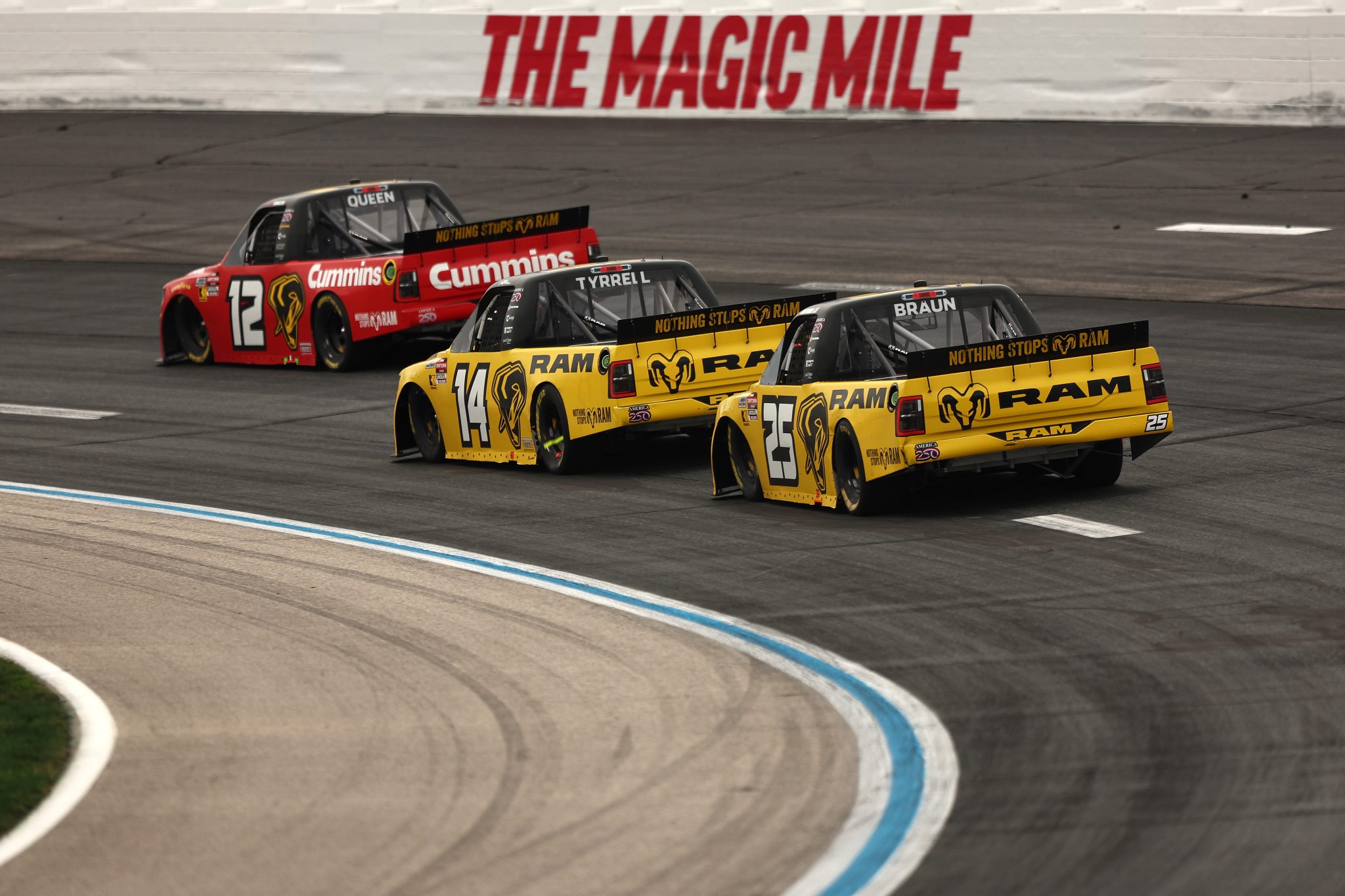 LOUDON, NEW HAMPSHIRE - AUGUST 22: Colin Braun, driver of the #25 RAM RAM, Mini Tyrrell, driver of the #14 RAM RAM, and Brenden Queen, driver of the #12 Cummins RAM, race during the NASCAR Craftsman Truck Series Team EJP 175 at New Hampshire Motor Speedway on August 22, 2026 in Loudon, New Hampshire. (Photo by Meg Oliphant/Getty Images) | Getty Images
