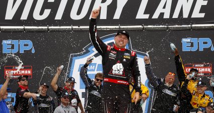 LOUDON, NEW HAMPSHIRE - AUGUST 22: Layne Riggs, driver of the #34 BKB Bare Knuckle Boxing Ford, celebrates in victory lane after winning the NASCAR Craftsman Truck Series Team EJP 175 at New Hampshire Motor Speedway on August 22, 2026 in Loudon, New Hampshire. (Photo by Sean Gardner/Getty Images) | Getty Images