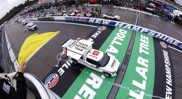 LOUDON, NEW HAMPSHIRE - AUGUST 23: The NASCAR track drying team work to dry the track during a weather delay for the NASCAR Cup Series Dollar Tree 301 at New Hampshire Motor Speedway on August 23, 2026 in Loudon, New Hampshire. (Photo by Sean Gardner/Getty Images) | Getty Images