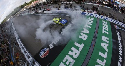 LOUDON, NEW HAMPSHIRE - AUGUST 23: Ryan Blaney, driver of the #12 Menards/Dutch Boy Ford, celebrates with a burnout after winning the NASCAR Cup Series Dollar Tree 301 at New Hampshire Motor Speedway on August 23, 2026 in Loudon, New Hampshire. (Photo by Sean Gardner/Getty Images) | Getty Images
