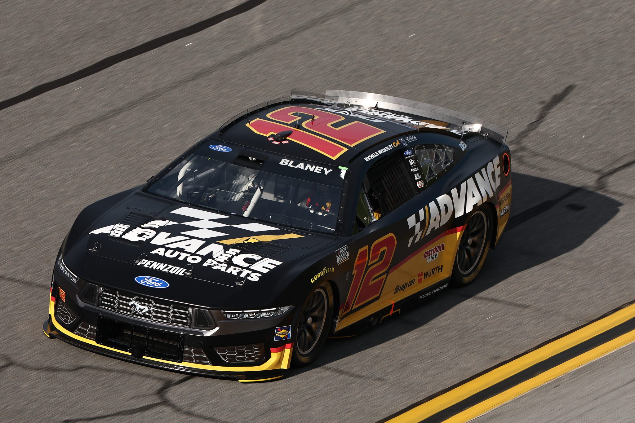 DAYTONA BEACH, FLORIDA - AUGUST 28: Ryan Blaney, driver of the #12 Advance Auto Parts Ford, drives during qualifying for the NASCAR Cup Series Coke Zero Sugar 400 at Daytona International Speedway on August 28, 2026 in Daytona Beach, Florida. (Photo by Chris Graythen/Getty Images) | Getty Images