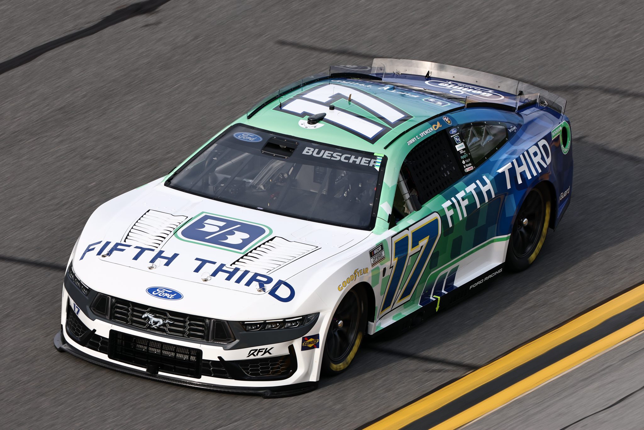 DAYTONA BEACH, FLORIDA - AUGUST 28: Chris Buescher, driver of the #17 Fifth Third Bank Ford, drives during qualifying for the NASCAR Cup Series Coke Zero Sugar 400 at Daytona International Speedway on August 28, 2026 in Daytona Beach, Florida. (Photo by Chris Graythen/Getty Images) | Getty Images