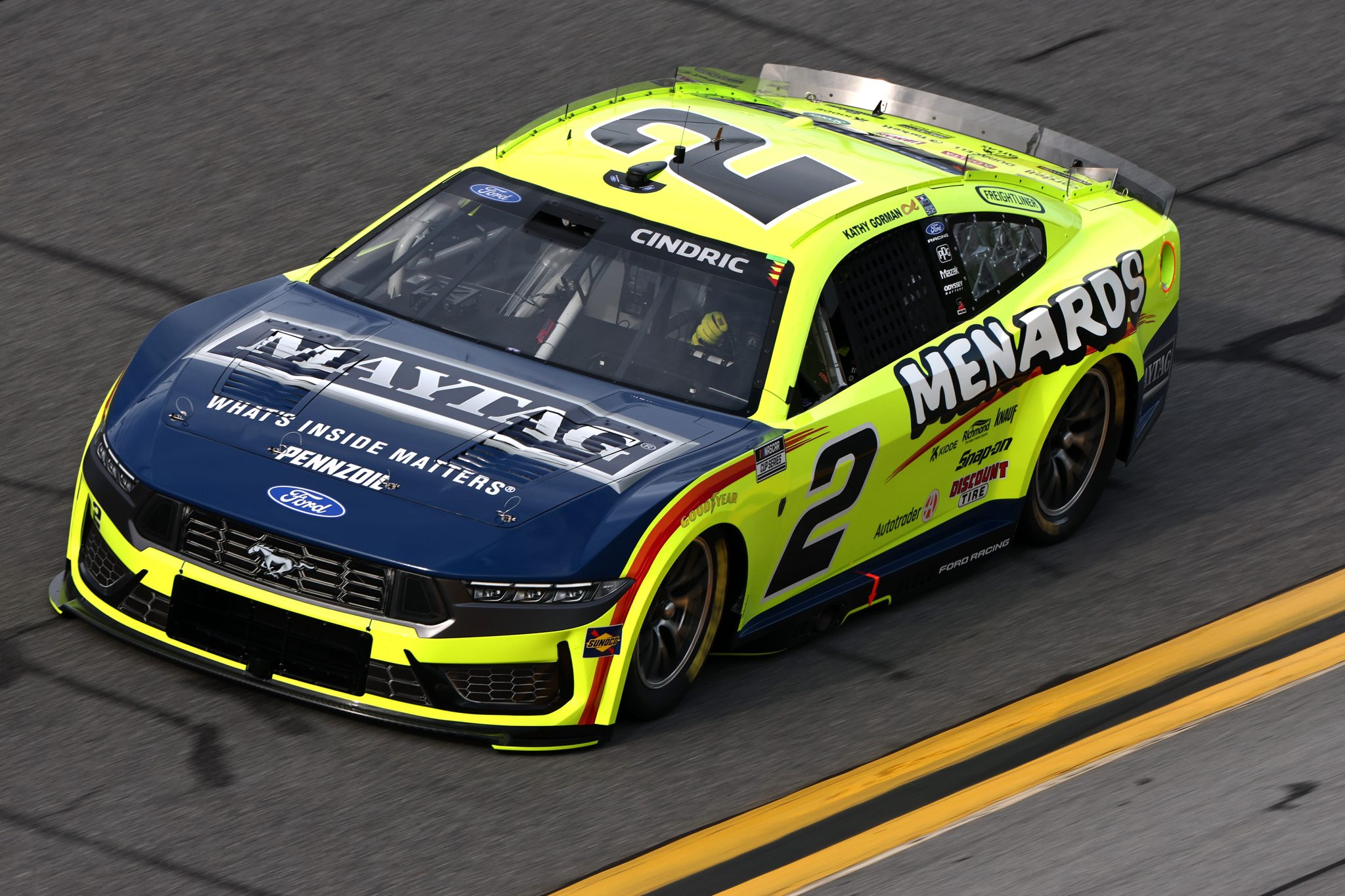 DAYTONA BEACH, FLORIDA - AUGUST 28: Austin Cindric, driver of the #2 Menards/Maytag Ford, drives during qualifying for the NASCAR Cup Series Coke Zero Sugar 400 at Daytona International Speedway on August 28, 2026 in Daytona Beach, Florida. (Photo by Chris Graythen/Getty Images) | Getty Images