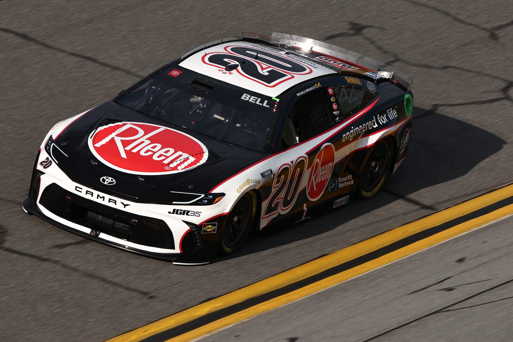 DAYTONA BEACH, FLORIDA - AUGUST 28: Christopher Bell, driver of the #20 Rheem Toyota, drives during qualifying for the NASCAR Cup Series Coke Zero Sugar 400 at Daytona International Speedway on August 28, 2026 in Daytona Beach, Florida. (Photo by Chris Graythen/Getty Images) | Getty Images