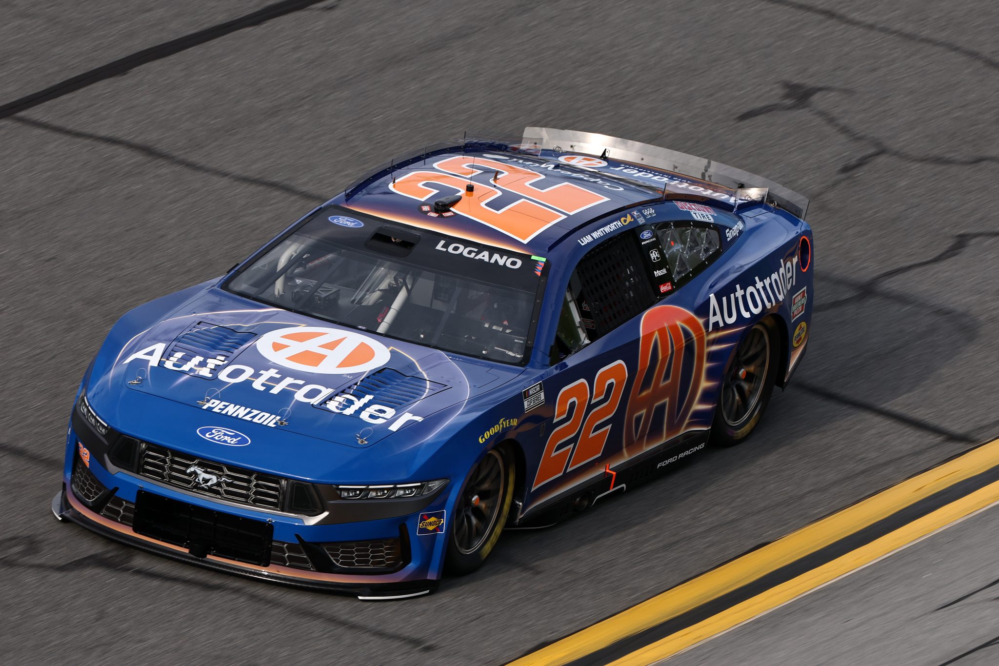 DAYTONA BEACH, FLORIDA - AUGUST 28: Joey Logano, driver of the #22 Autotrader Ford, drives during qualifying for the NASCAR Cup Series Coke Zero Sugar 400 at Daytona International Speedway on August 28, 2026 in Daytona Beach, Florida. (Photo by Chris Graythen/Getty Images) | Getty Images