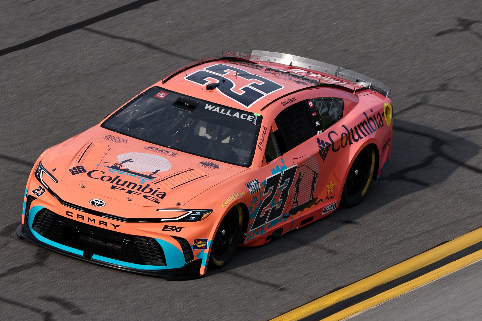 DAYTONA BEACH, FLORIDA - AUGUST 28: Bubba Wallace, driver of the #23 Columbia PFG Toyota, drives during qualifying for the NASCAR Cup Series Coke Zero Sugar 400 at Daytona International Speedway on August 28, 2026 in Daytona Beach, Florida. (Photo by Chris Graythen/Getty Images) | Getty Images