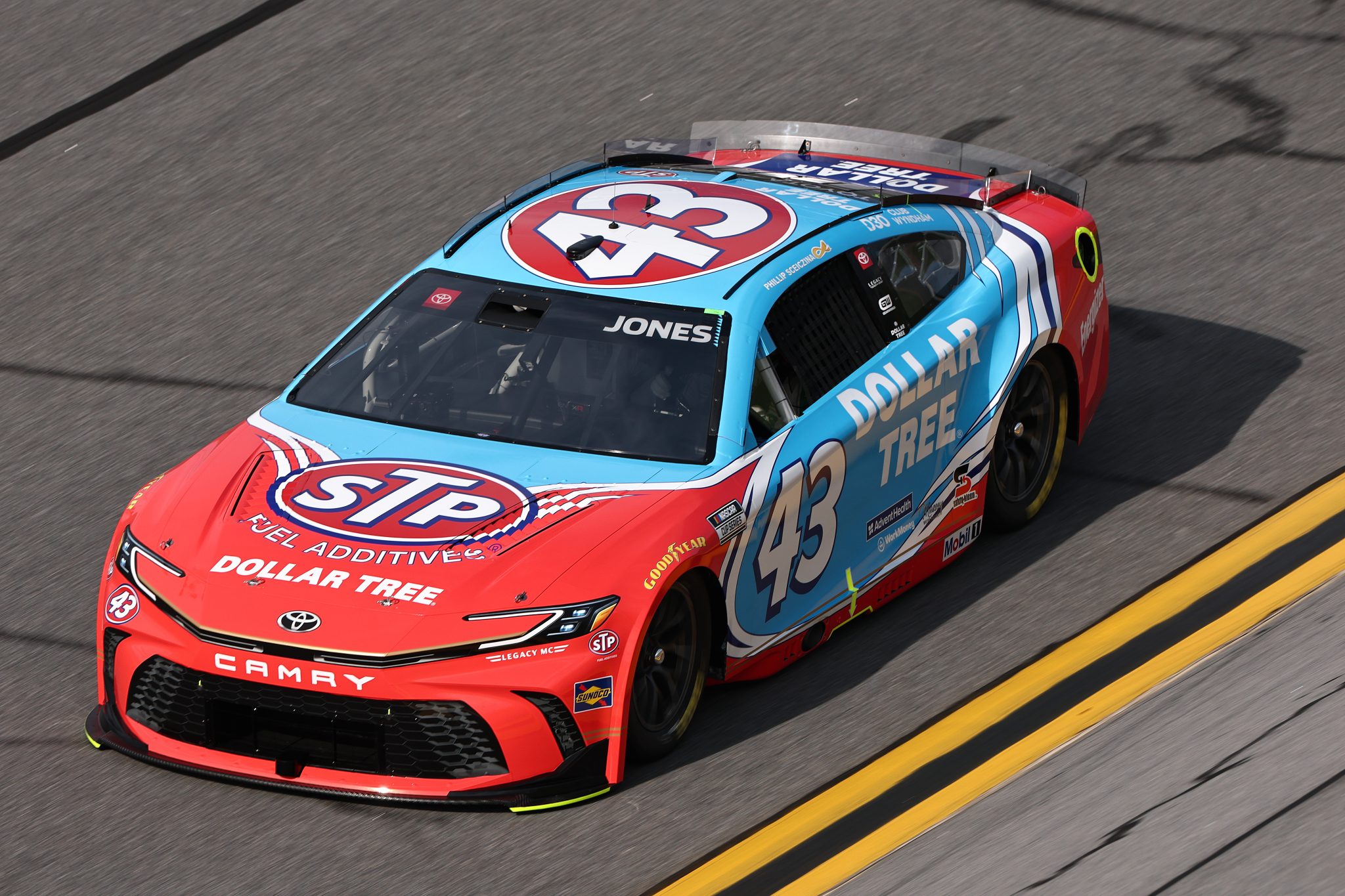 DAYTONA BEACH, FLORIDA - AUGUST 28: Erik Jones, driver of the #43 Dollar Tree Toyota, drives during qualifying for the NASCAR Cup Series Coke Zero Sugar 400 at Daytona International Speedway on August 28, 2026 in Daytona Beach, Florida. (Photo by Chris Graythen/Getty Images) | Getty Images