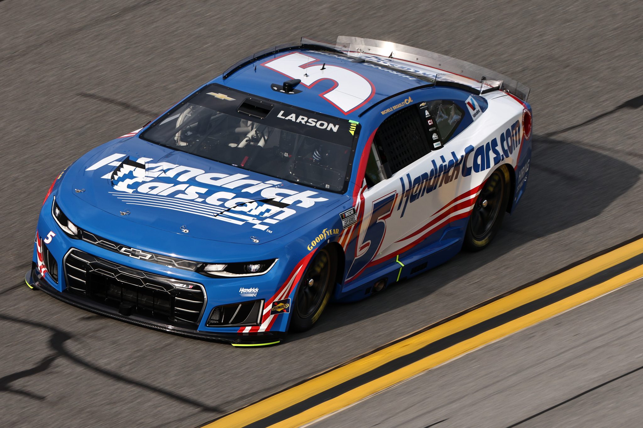 DAYTONA BEACH, FLORIDA - AUGUST 28: Kyle Larson, driver of the #5 HendrickCars.com Chevrolet, drives during qualifying for the NASCAR Cup Series Coke Zero Sugar 400 at Daytona International Speedway on August 28, 2026 in Daytona Beach, Florida. (Photo by Chris Graythen/Getty Images) | Getty Images
