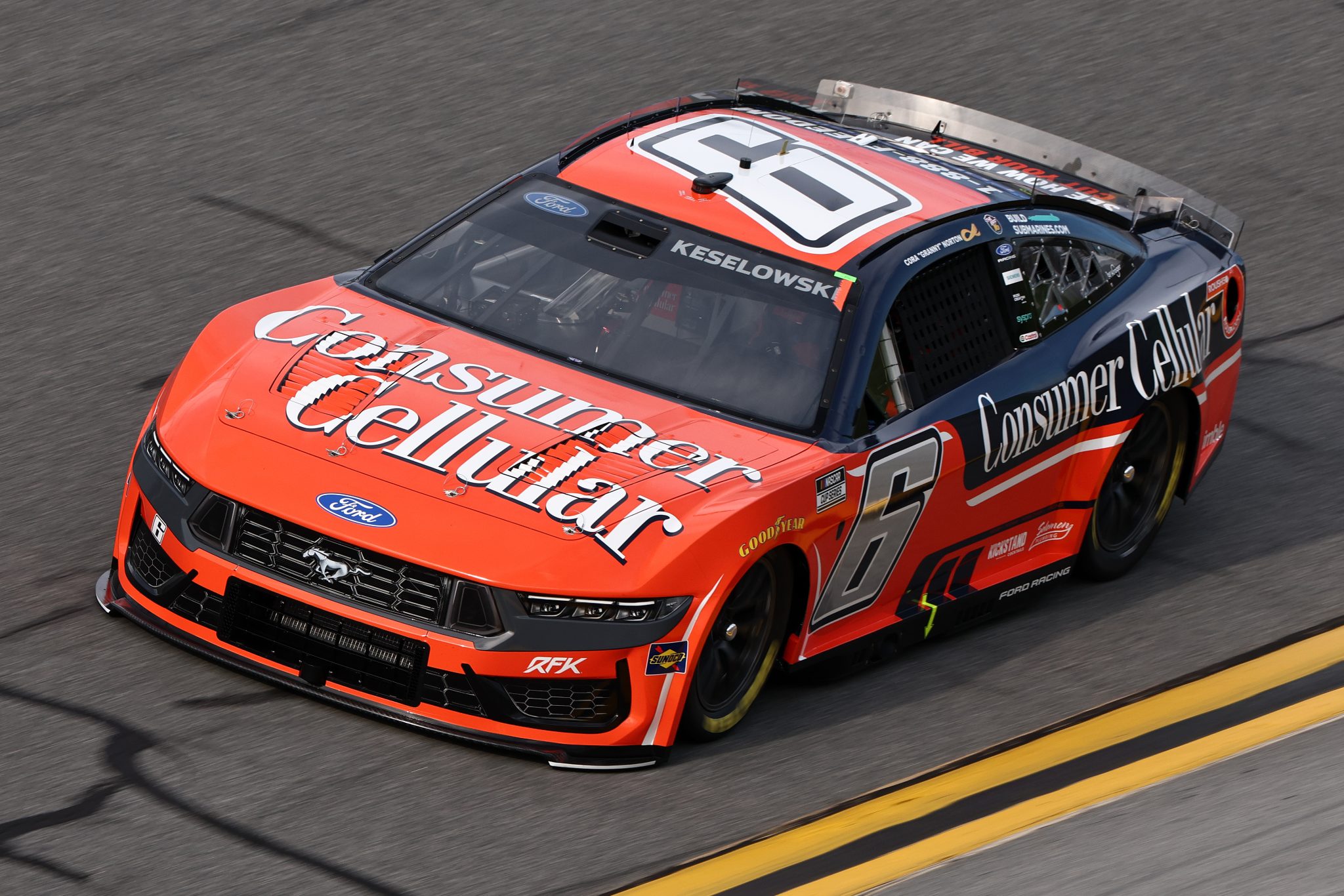 DAYTONA BEACH, FLORIDA - AUGUST 28: Brad Keselowski, driver of the #6 Consumer Cellular Ford, drives during qualifying for the NASCAR Cup Series Coke Zero Sugar 400 at Daytona International Speedway on August 28, 2026 in Daytona Beach, Florida. (Photo by Chris Graythen/Getty Images) | Getty Images