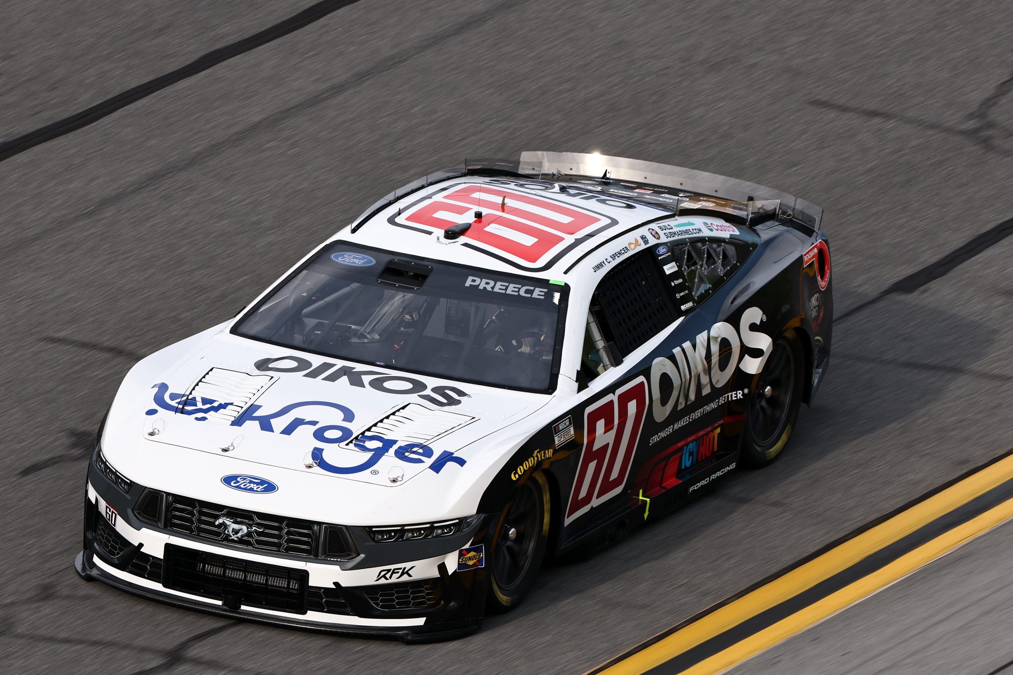 DAYTONA BEACH, FLORIDA - AUGUST 28: Ryan Preece, driver of the #60 Kroger/OIKOS Ford, drives during qualifying for the NASCAR Cup Series Coke Zero Sugar 400 at Daytona International Speedway on August 28, 2026 in Daytona Beach, Florida. (Photo by Chris Graythen/Getty Images) | Getty Images