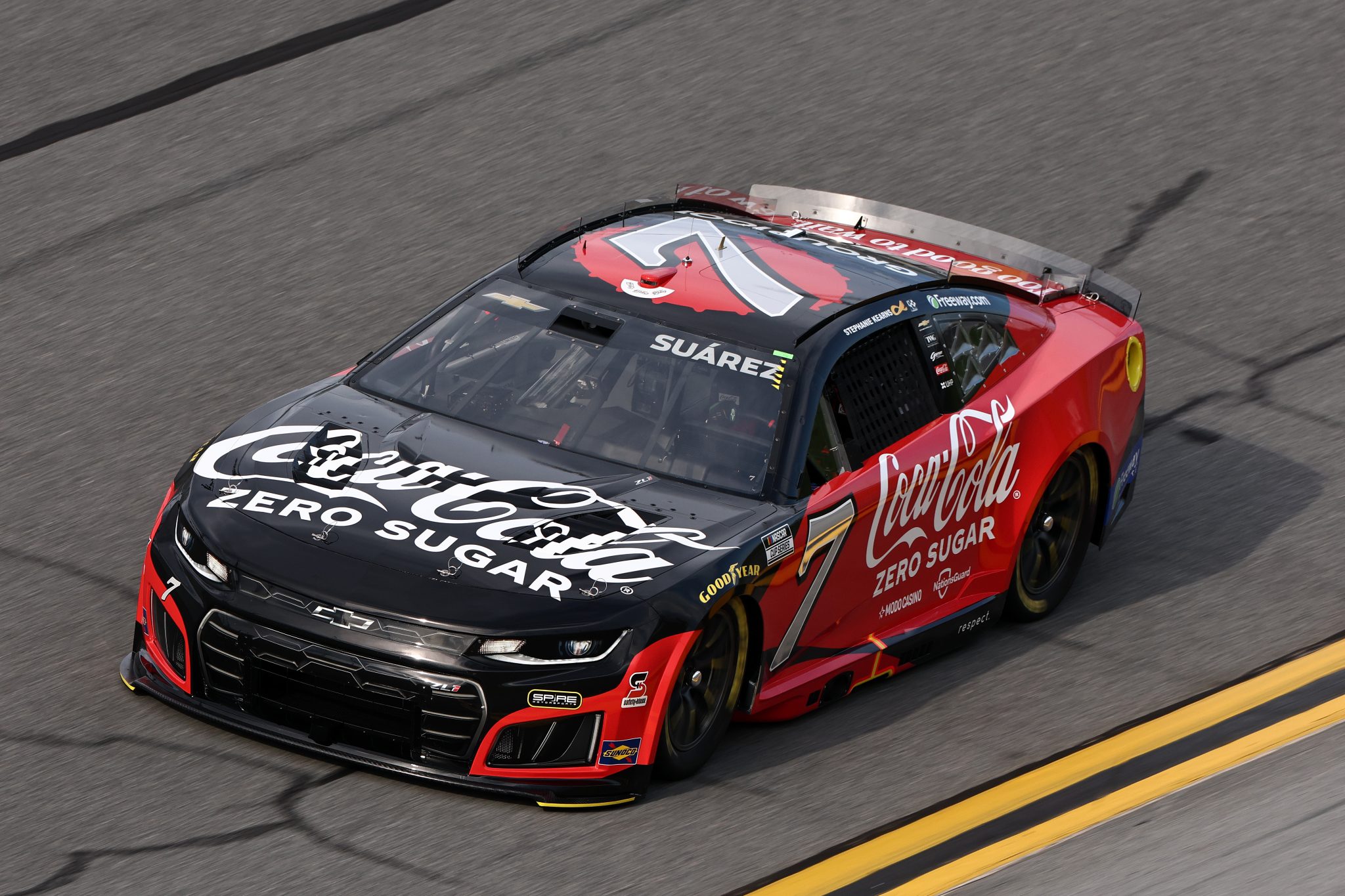 DAYTONA BEACH, FLORIDA - AUGUST 28: Daniel Suarez, driver of the #7 Coke Zero Sugar Chevrolet, drives during qualifying for the NASCAR Cup Series Coke Zero Sugar 400 at Daytona International Speedway on August 28, 2026 in Daytona Beach, Florida. (Photo by Chris Graythen/Getty Images) | Getty Images