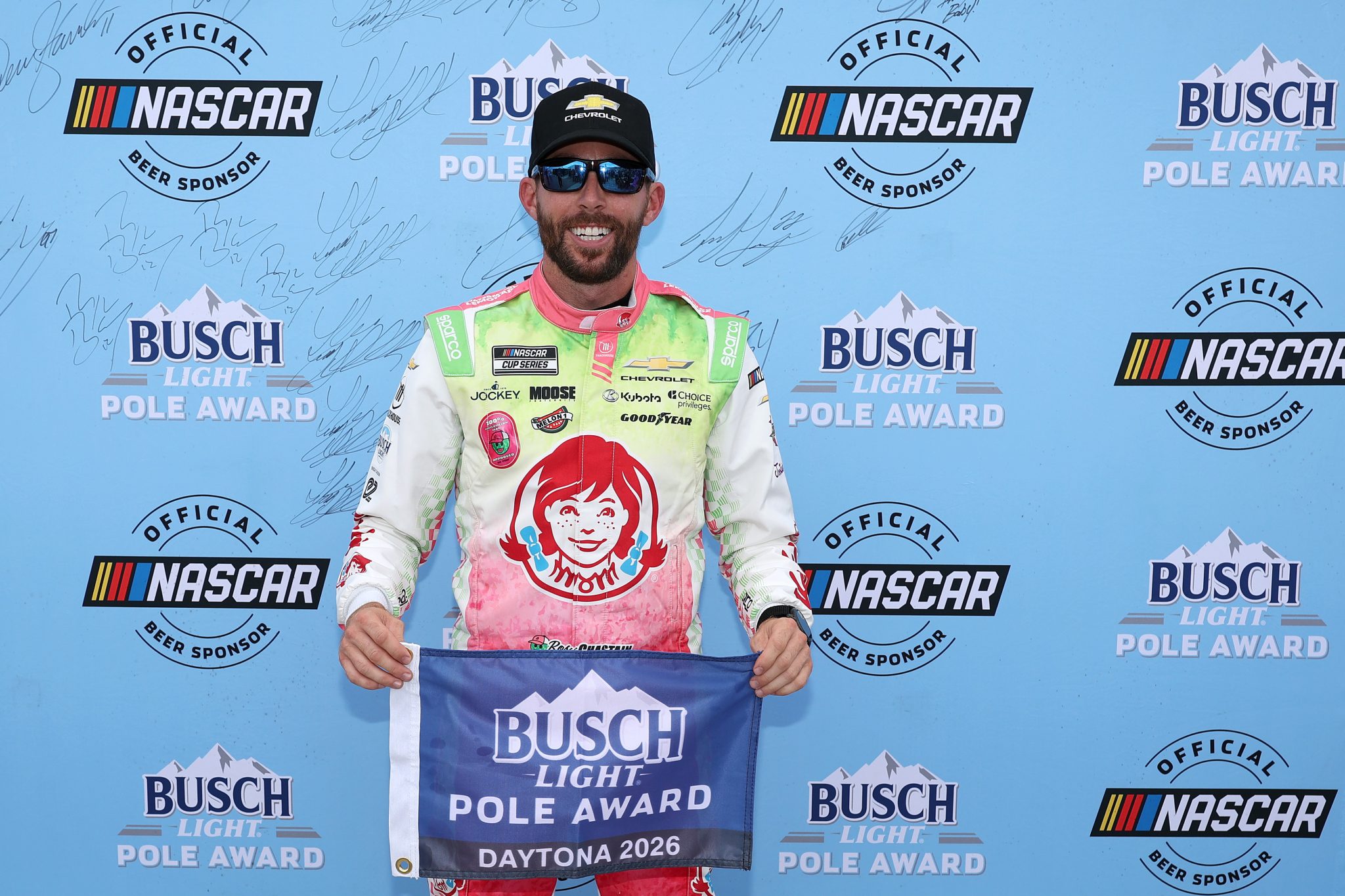 DAYTONA BEACH, FLORIDA - AUGUST 28: Ross Chastain, driver of the #1 Wendy's Watermelon Lemonade Chevrolet, poses for photos after winning the pole award during qualifying for the NASCAR Cup Series Coke Zero Sugar 400 at Daytona International Speedway on August 28, 2026 in Daytona Beach, Florida. (Photo by James Gilbert/Getty Images) | Getty Images