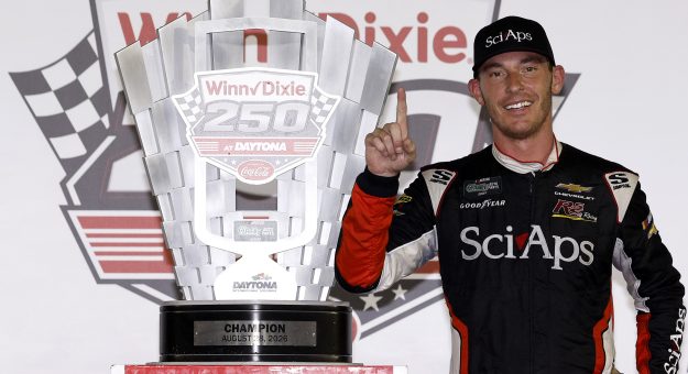 DAYTONA BEACH, FLORIDA - AUGUST 28: Ryan Sieg, driver of the #38 Superior Integrity Services/SciAps Chevrolet, celebrates in victory lane after winning the NASCAR O'Reilly Auto Parts Series Winn-Dixie 250 Powered by Coca-Cola at Daytona International Speedway on August 28, 2026 in Daytona Beach, Florida. (Photo by Sean Gardner/Getty Images) | Getty Images