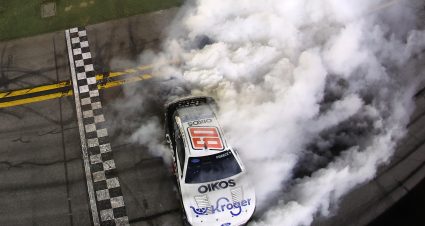 DAYTONA BEACH, FLORIDA - AUGUST 29: Ryan Preece, driver of the #60 Kroger/OIKOS Ford, celebrates with a burnout after winning the NASCAR Cup Series Coke Zero Sugar 400 at Daytona International Speedway on August 29, 2026 in Daytona Beach, Florida. (Photo by James Gilbert/Getty Images) | Getty Images