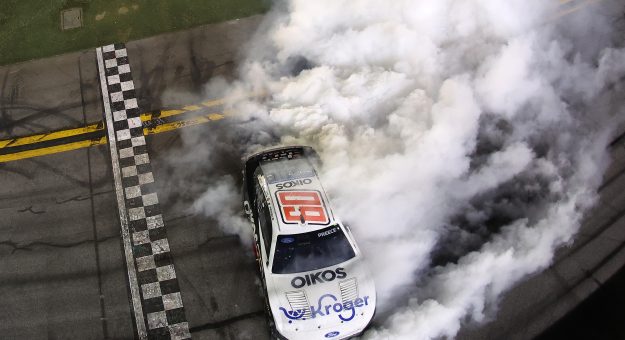 DAYTONA BEACH, FLORIDA - AUGUST 29: Ryan Preece, driver of the #60 Kroger/OIKOS Ford, celebrates with a burnout after winning the NASCAR Cup Series Coke Zero Sugar 400 at Daytona International Speedway on August 29, 2026 in Daytona Beach, Florida. (Photo by James Gilbert/Getty Images) | Getty Images