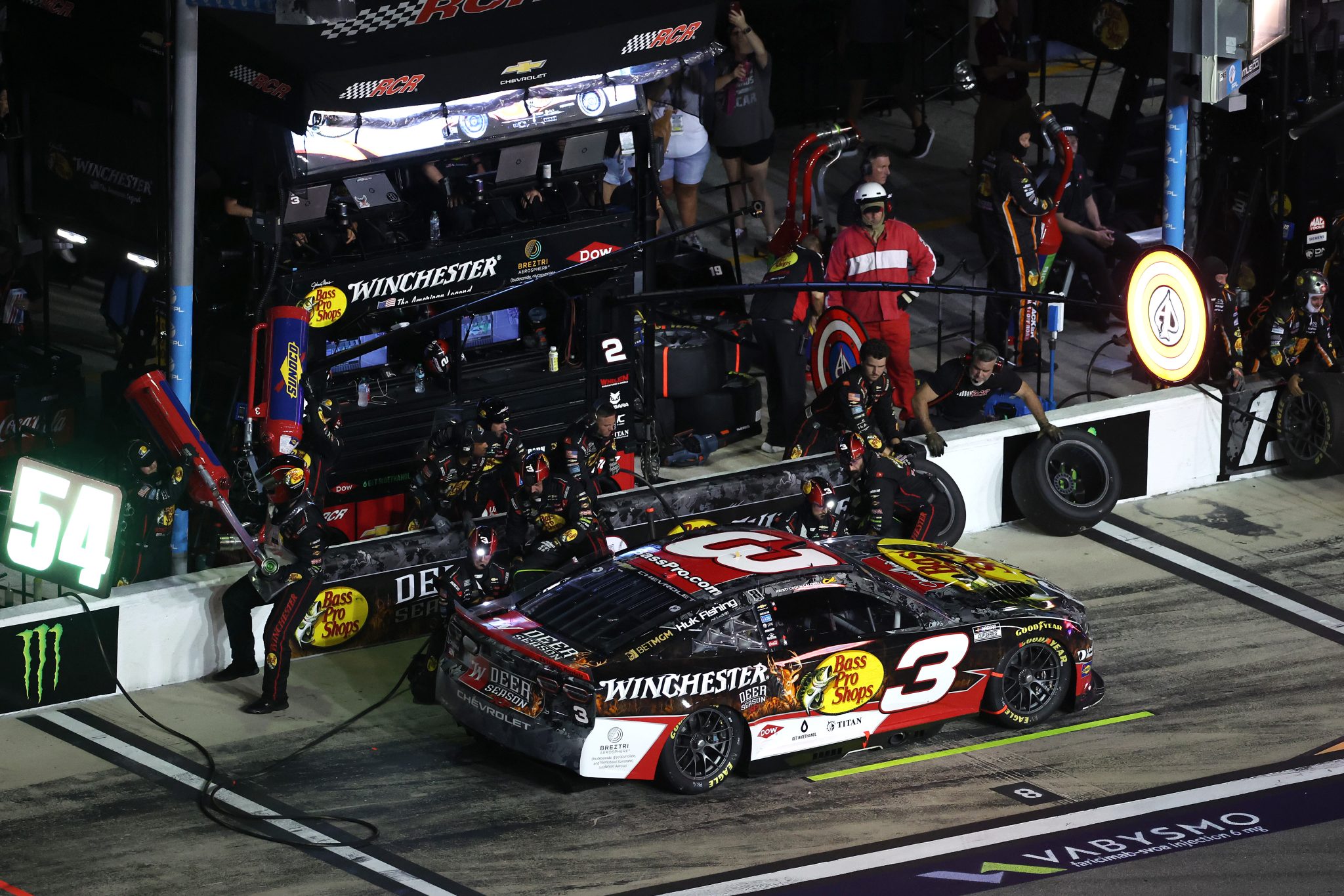 DAYTONA BEACH, FLORIDA - AUGUST 29: Austin Dillon, driver of the #3 Bass Pro Shops/Winchester Chevrolet, pits during the NASCAR Cup Series Coke Zero Sugar 400 at Daytona International Speedway on August 29, 2026 in Daytona Beach, Florida. (Photo by James Gilbert/Getty Images) | Getty Images